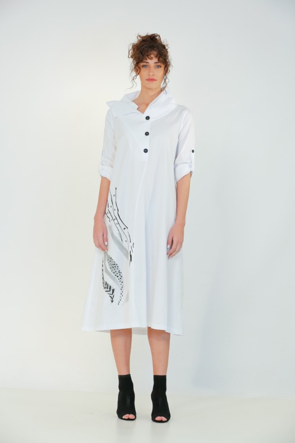 فستان بياقة مزدوجة مع مقدمة براءة اختراع - أبيض - 2