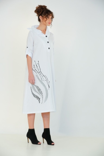 فستان بياقة مزدوجة مع مقدمة براءة اختراع - أبيض - 3