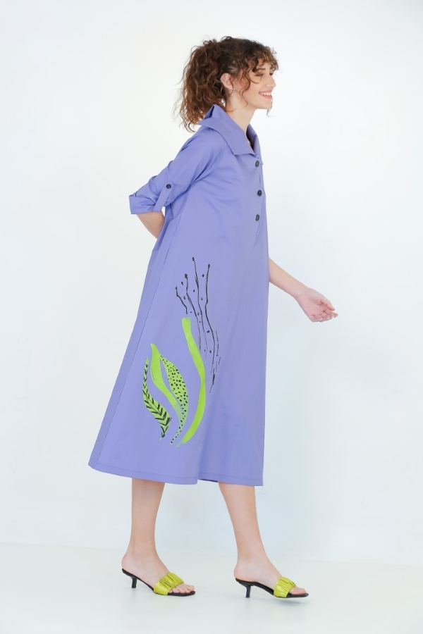 Double-Collared Front Placket Dress - Purple - 5
