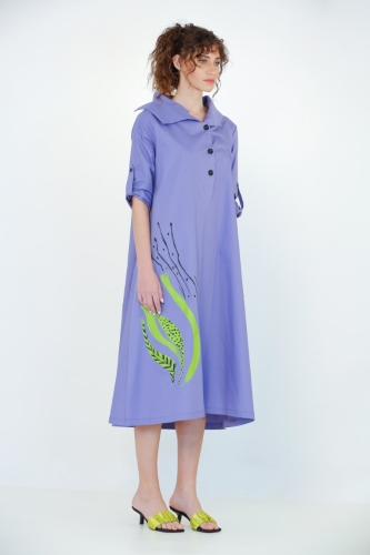 Double-Collared Front Placket Dress - Purple - 1