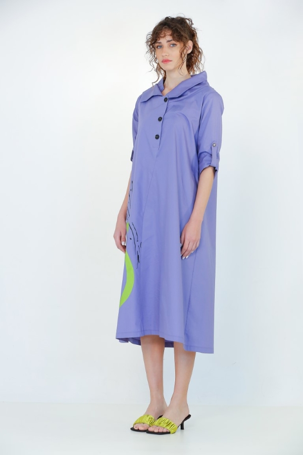 Double-Collared Front Placket Dress - Purple - 2