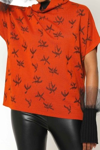 Drop Shoulder Patterned Sweater - Orange - 4