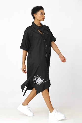فستان قميص مطرز - أسود - 2