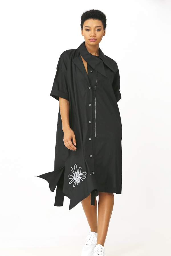 Embroidered Shirt Dress - Black - 3