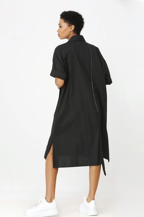 Embroidered Shirt Dress - Black - 4