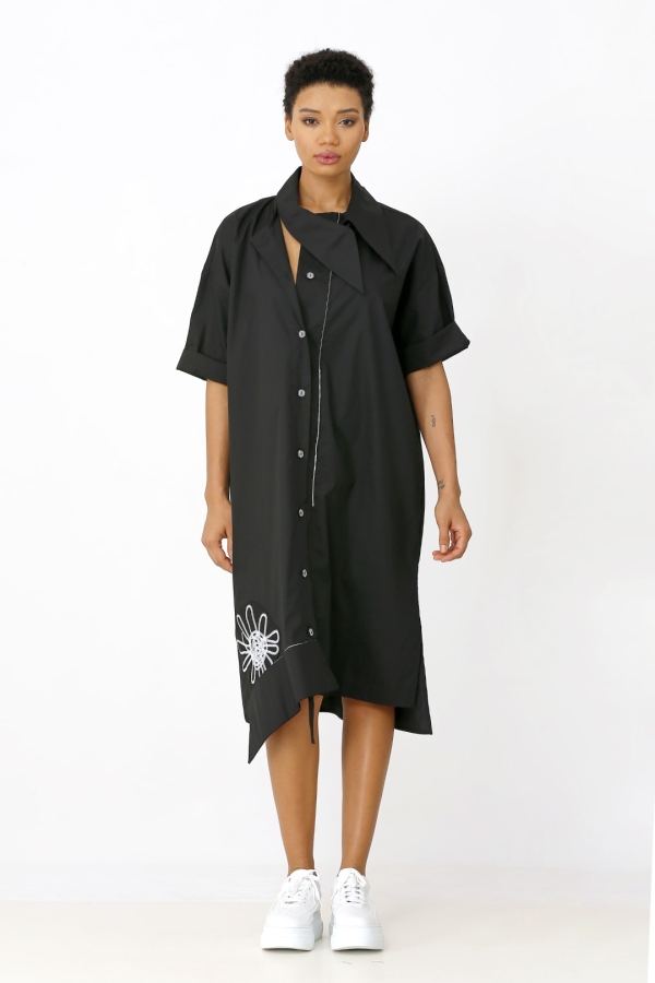 Embroidered Shirt Dress - Black - 1