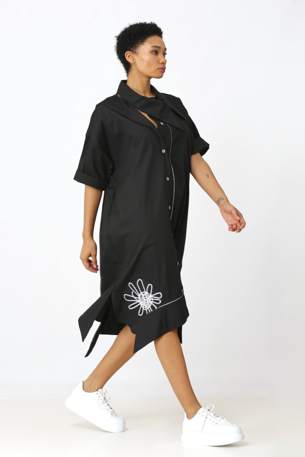 Embroidered Shirt Dress - Black - 2