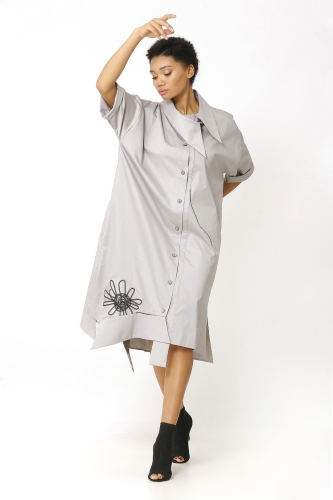 Embroidered Shirt Dress - Grey - 3