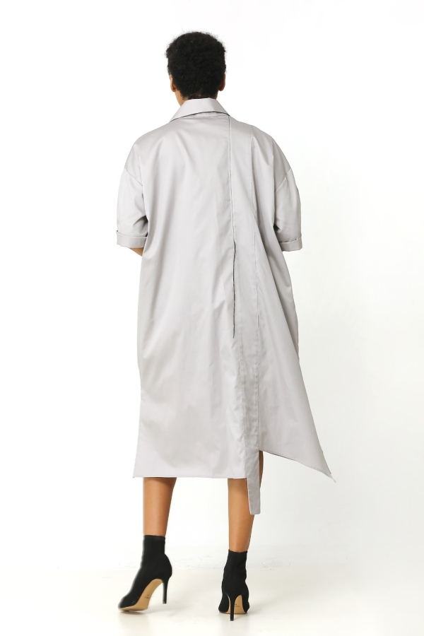 Embroidered Shirt Dress - Grey - 4