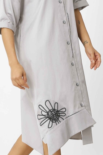 Embroidered Shirt Dress - Grey - 5