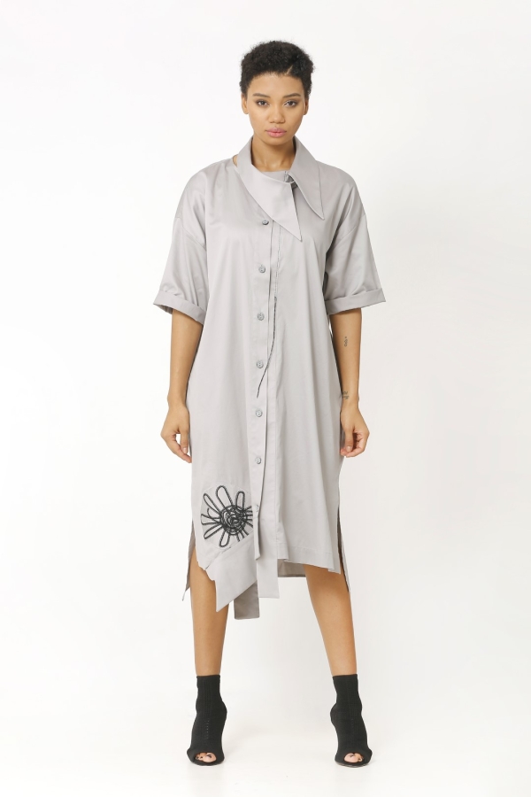 Embroidered Shirt Dress - Grey - 1