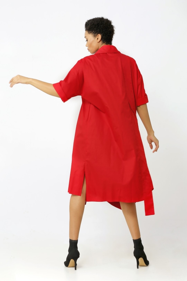 فستان قميص مطرز - أحمر - 4