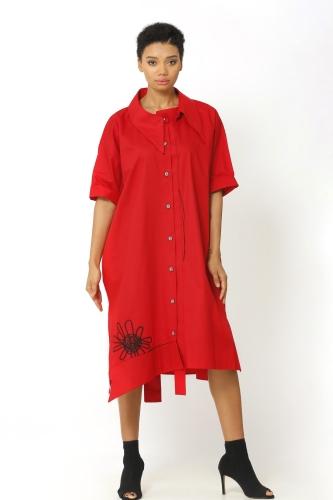 فستان قميص مطرز - أحمر - 1