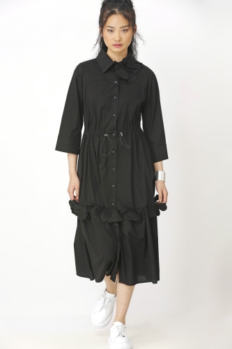 Floral Hem Shirt Dress - Black - 3