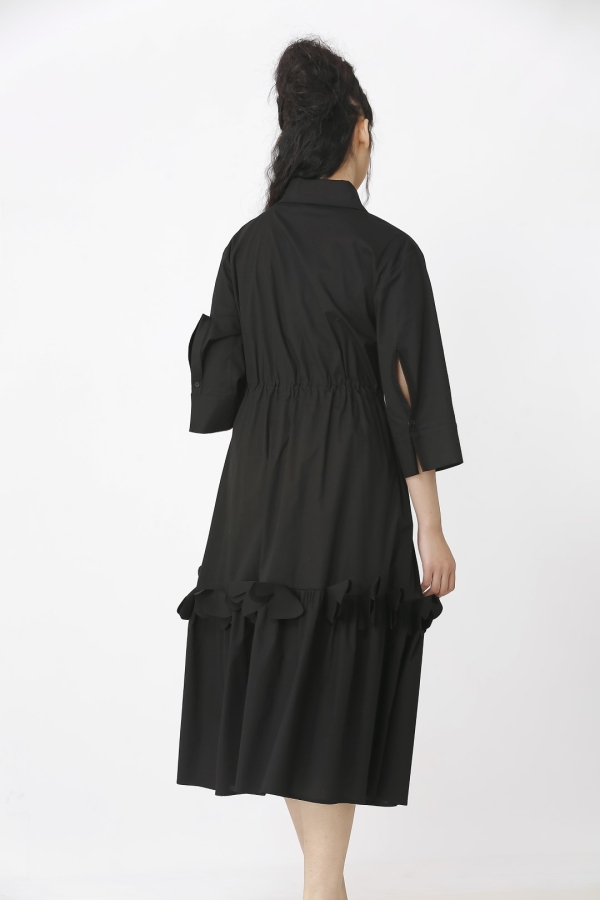 Floral Hem Shirt Dress - Black - 4