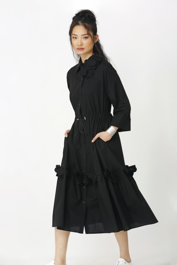 Floral Hem Shirt Dress - Black - 2
