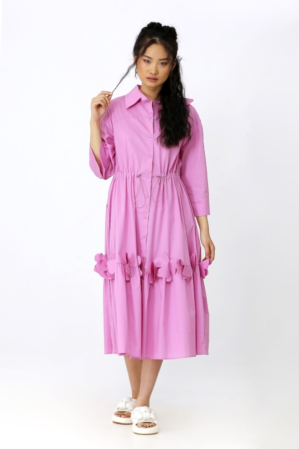 Floral Hem Shirt Dress - Pink - 1
