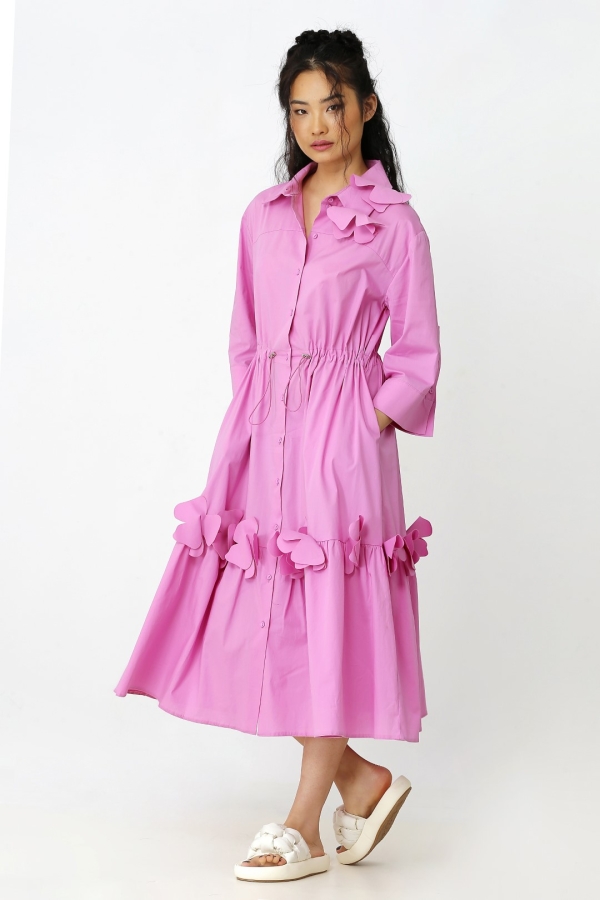 Floral Hem Shirt Dress - Pink - 2