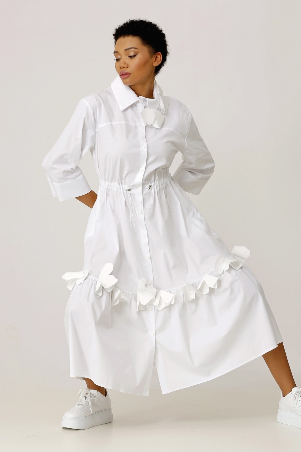 Floral Hem Shirt Dress - White - 3