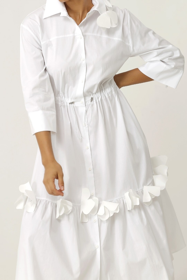 Floral Hem Shirt Dress - White - 5