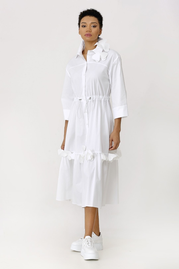 Floral Hem Shirt Dress - White - 1