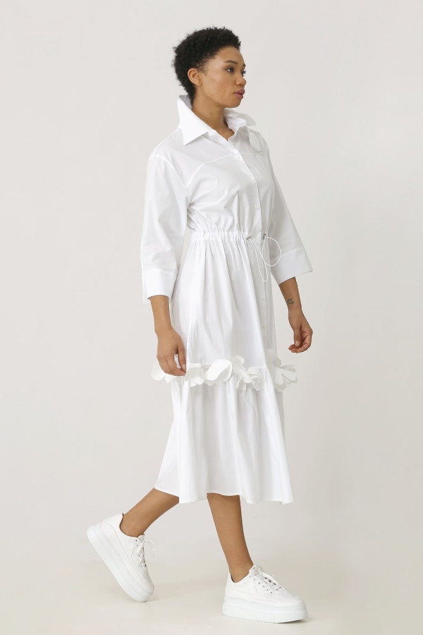 Floral Hem Shirt Dress - White - 2