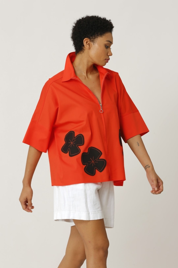 Flower Appliqué Shirt - Coral - 2