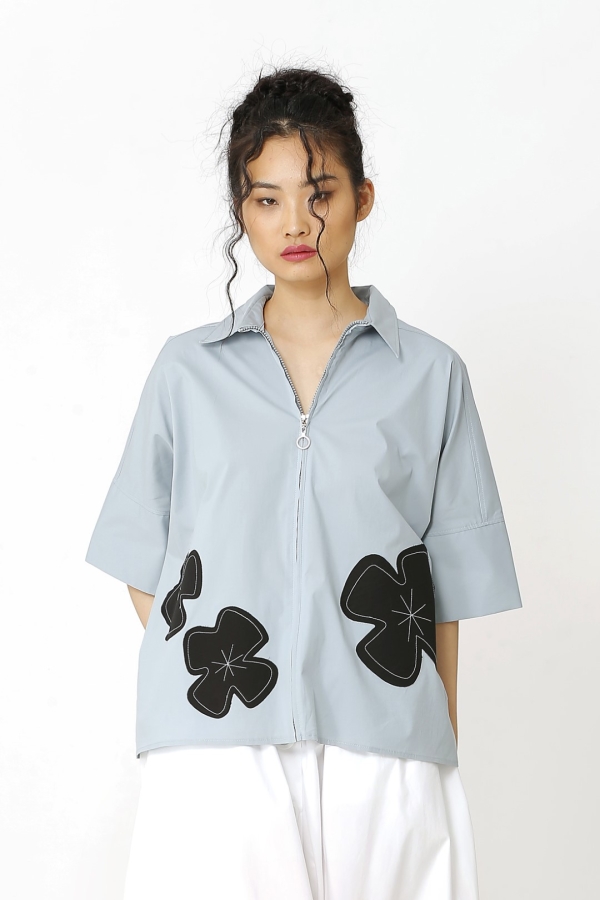 Flower Appliqué Shirt - Green Blue - 1