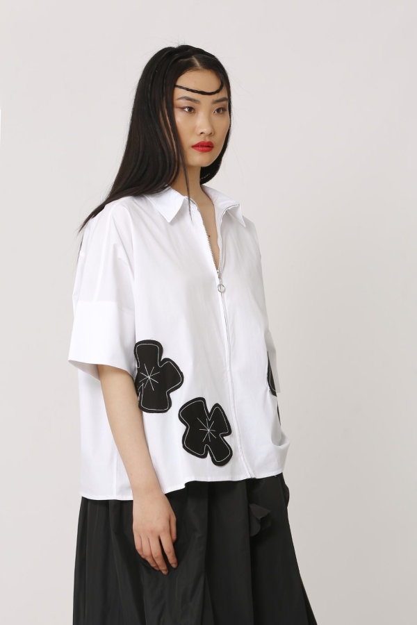 Flower Appliqué Shirt - White - 4