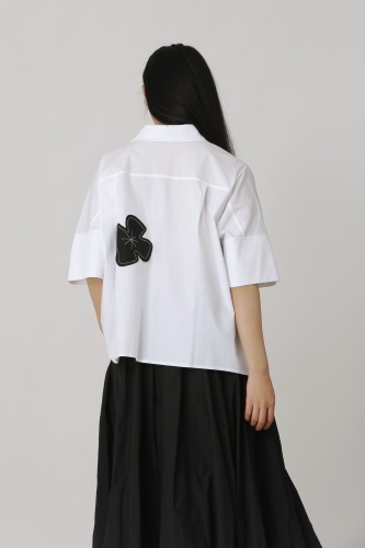 Flower Appliqué Shirt - White - 5