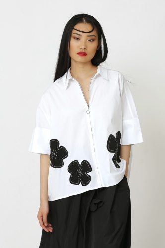 Flower Appliqué Shirt - White - 1