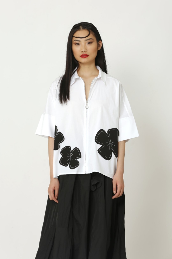 Flower Appliqué Shirt - White - 2