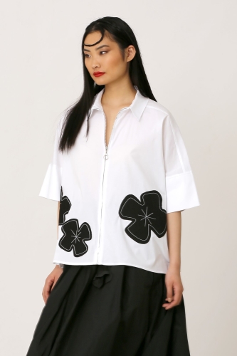 Flower Appliqué Shirt - White - 3