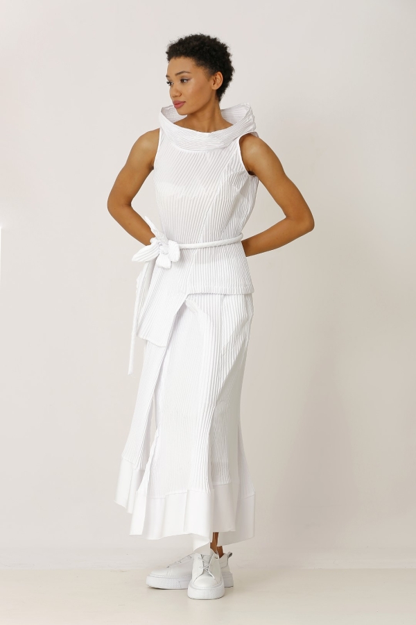 Flower Belted Pleated Blouse - White - 2