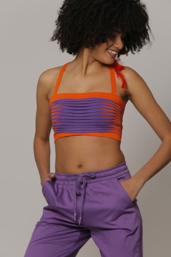 Front Pleated Strap Knit Crop Top - Purple Green 