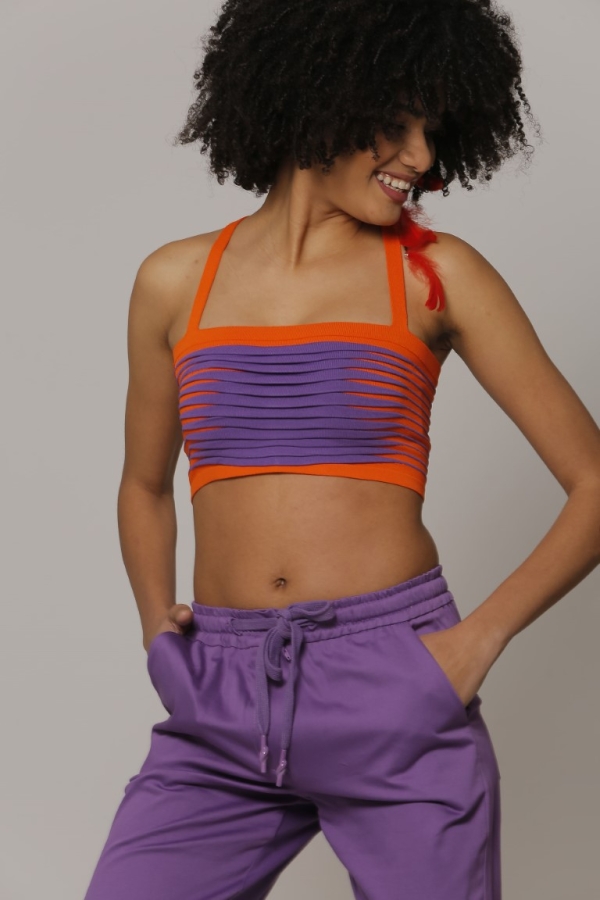 Front Pleated Strap Knit Crop Top - Purple Green - 1
