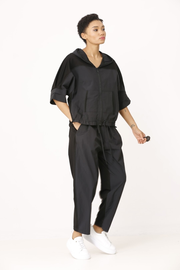 Front Wrinkled Raincoat Fabric Coat - Black - 1