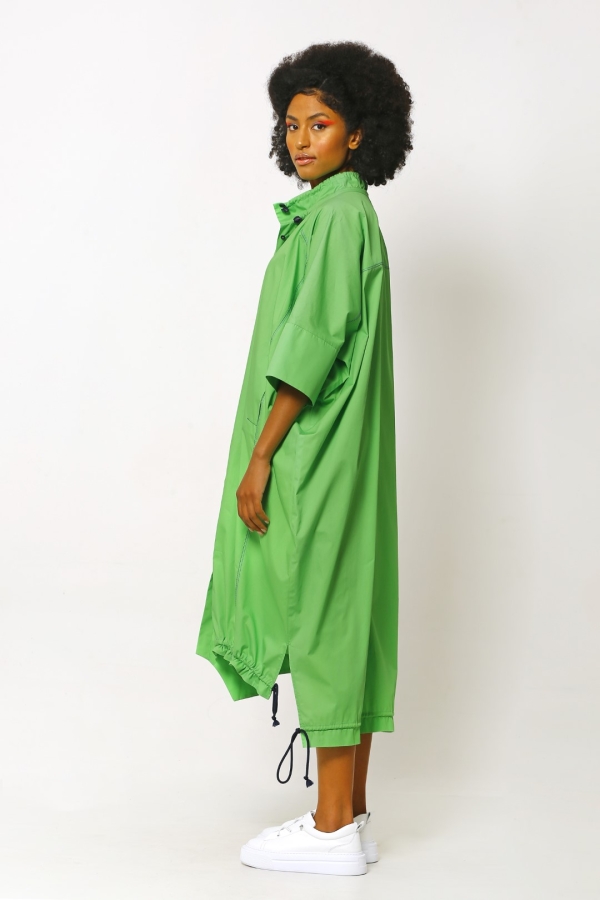 Gathered Collar Shirt Dress - Apple Green - 3