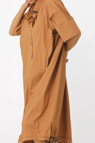 Gathered Collar Shirt Dress - Brown - 5
