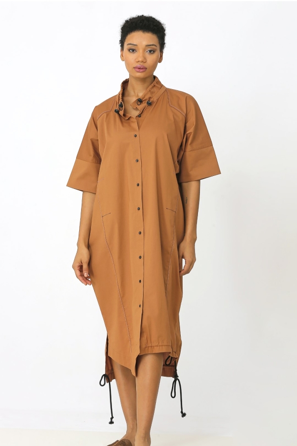 Gathered Collar Shirt Dress - Brown - 1