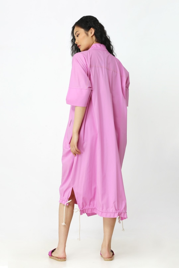 Gathered Collar Shirt Dress - Pink - 3
