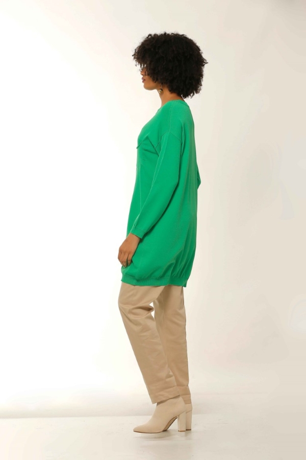 Gathered Pocket Crew Neck Long Knit Sweater - Green - 2