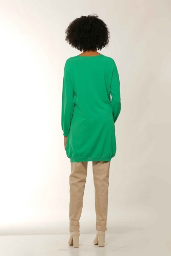 Gathered Pocket Crew Neck Long Knit Sweater - Green - 3