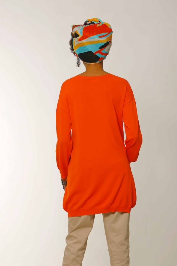 Gathered Pocket Crew Neck Long Knit Sweater - Orange - 3