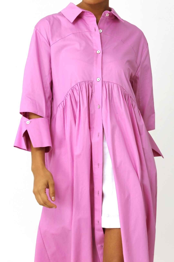 Gathered Shirt Dress - Pink - 5