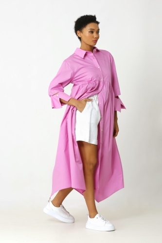 Gathered Shirt Dress - Pink - 2