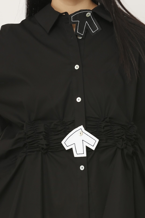 Gathered Waist Bird Motif Shirt - Black - 5