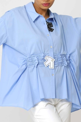 قميص مزين بنقشة الطيور مع خصر مزين بشراشيب - أزرق فاتح - 5
