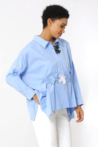قميص مزين بنقشة الطيور مع خصر مزين بشراشيب - أزرق فاتح - 3