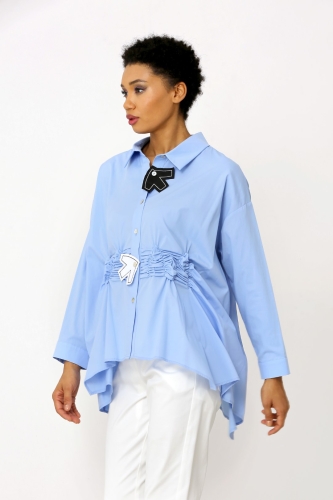 Gathered Waist Bird Motif Shirt - Light Blue - 2